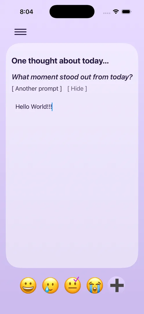 Just One Thing Journal app showing a daily prompt and mood picker